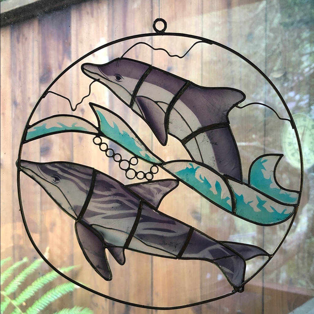 Handcrafted Capiz Shell Dolphins "Stained Glass" Sun Catcher Hanging Decor